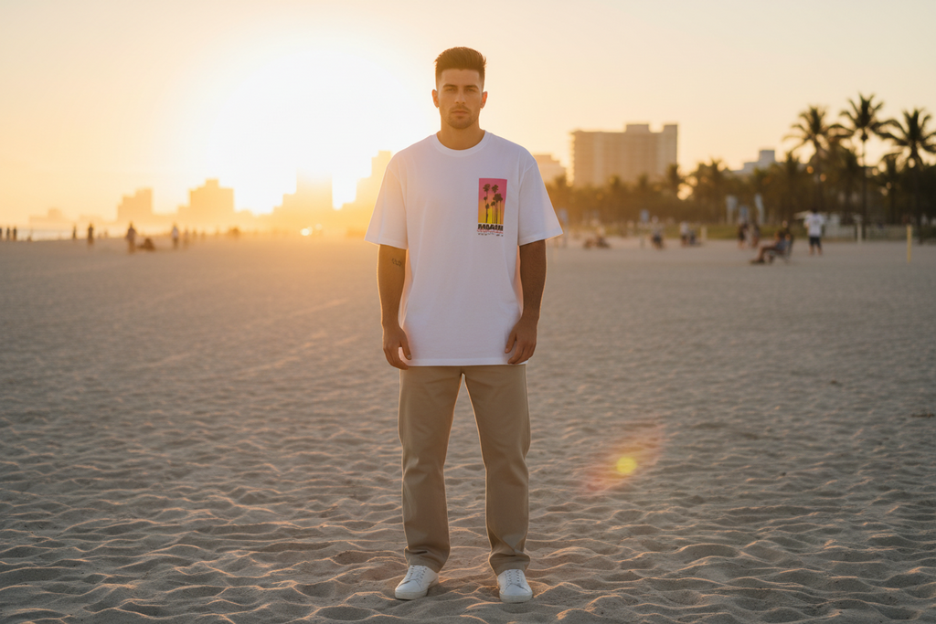 Homme portant le T-Shirt Miami Blanc Oversize Palm District — logo poitrine
