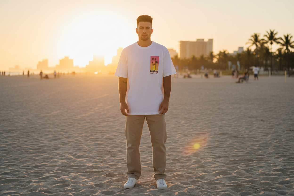Homme portant le T-Shirt Miami Blanc Oversize Palm District — logo poitrine