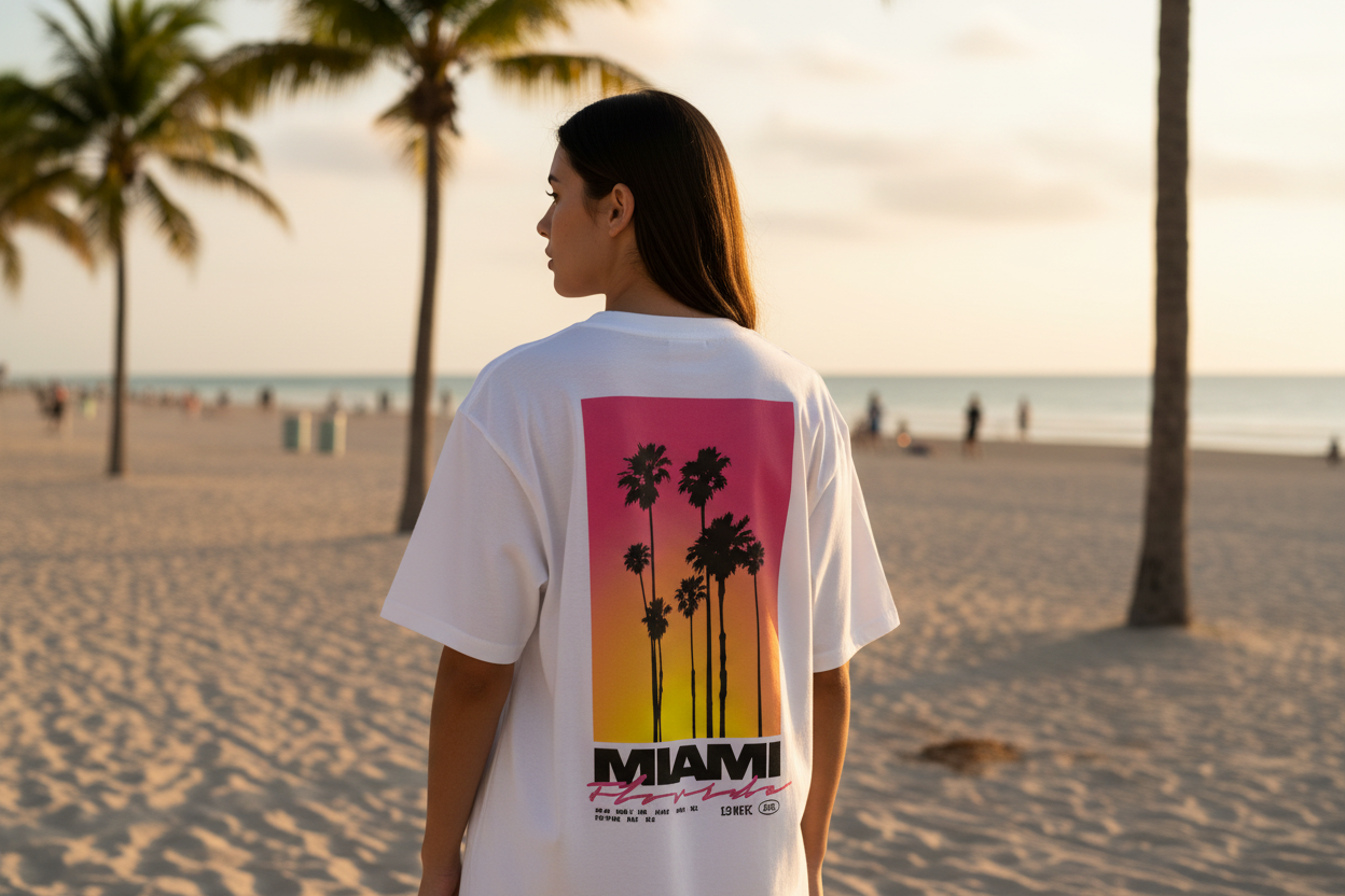 Femme portant le T-Shirt Miami Blanc Oversize Palm District — logo dos