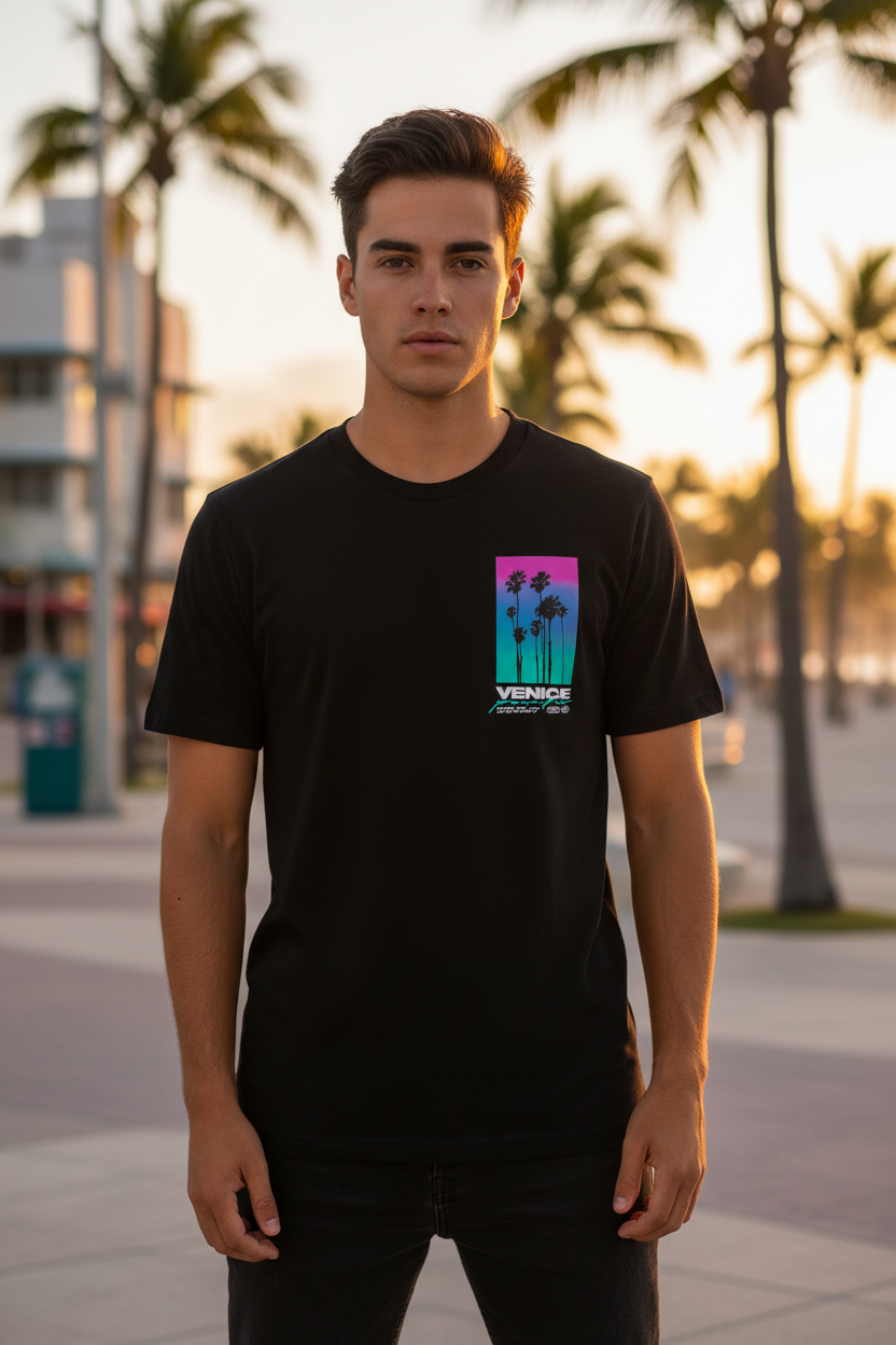 Homme portant le T-Shirt Blanc Miami Cali Venice Pacific Palm District de face