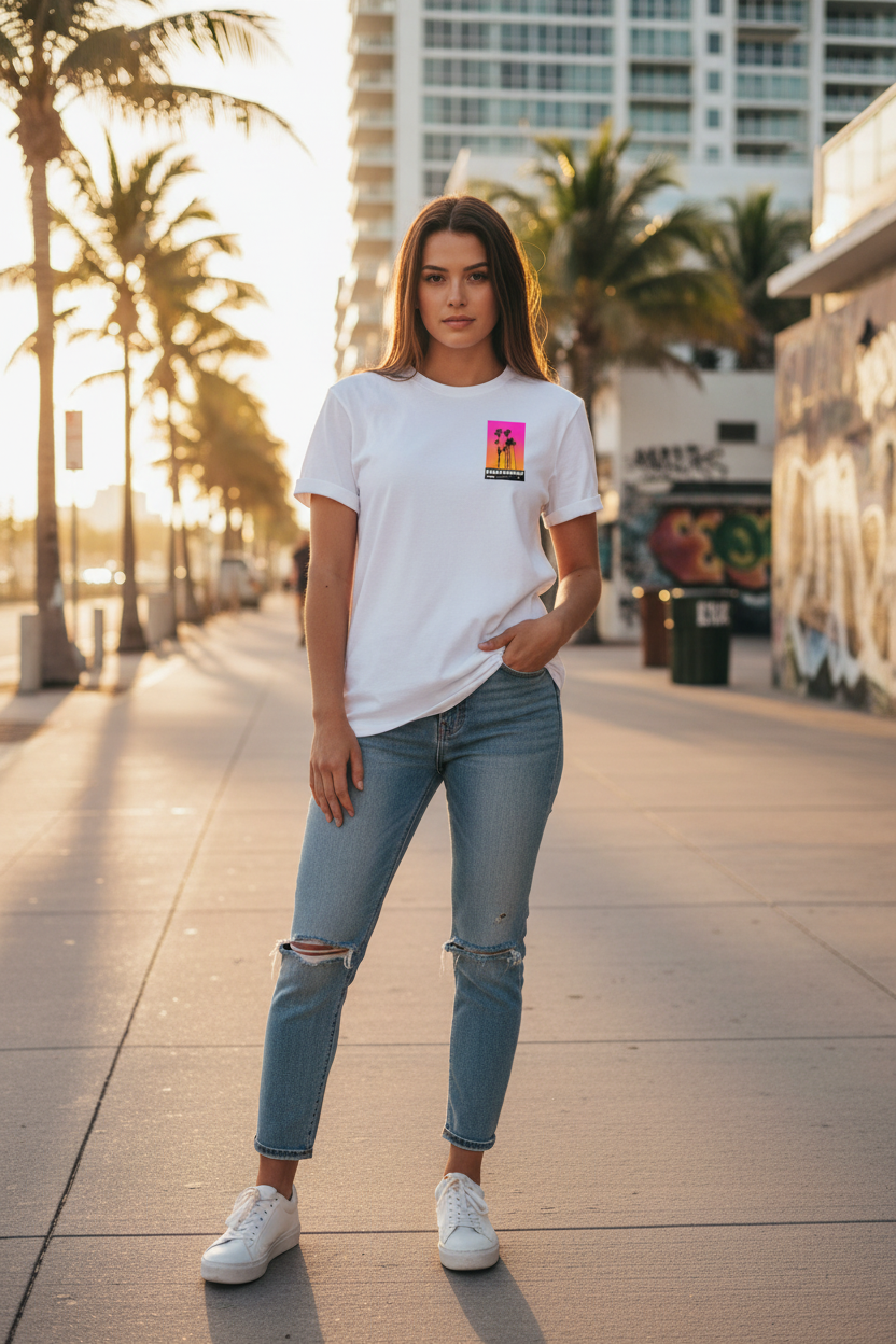 Femme portant le T-Shirt Blanc Palm District Atlantic sur une plage de Miami