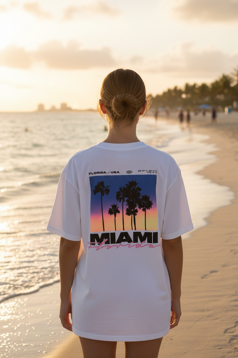 Miami T-Shirt Florida Blanc Femme Premium Streetwear Oversize Dos | Palm District