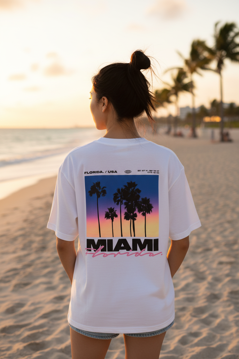 Miami T-Shirt Florida Blanc Premium Streetwear Femme Oversize Dos | Palm District
