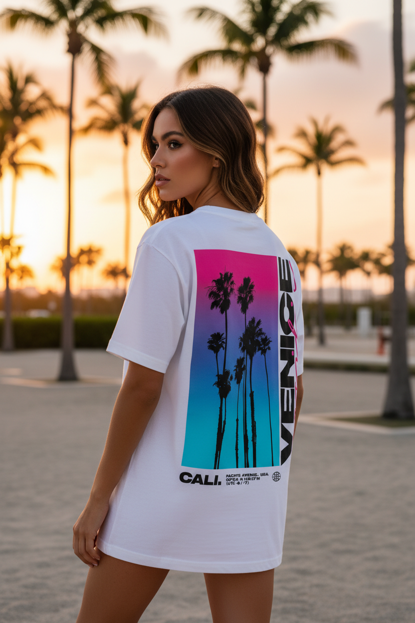 Femme portant le T-Shirt Noir Miami Cali Venice Pacific Palm District de dos