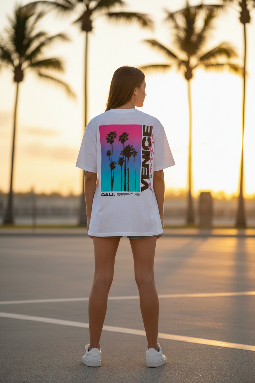 Femme portant le T-Shirt Blanc Miami Cali Venice Pacific Palm District de dos