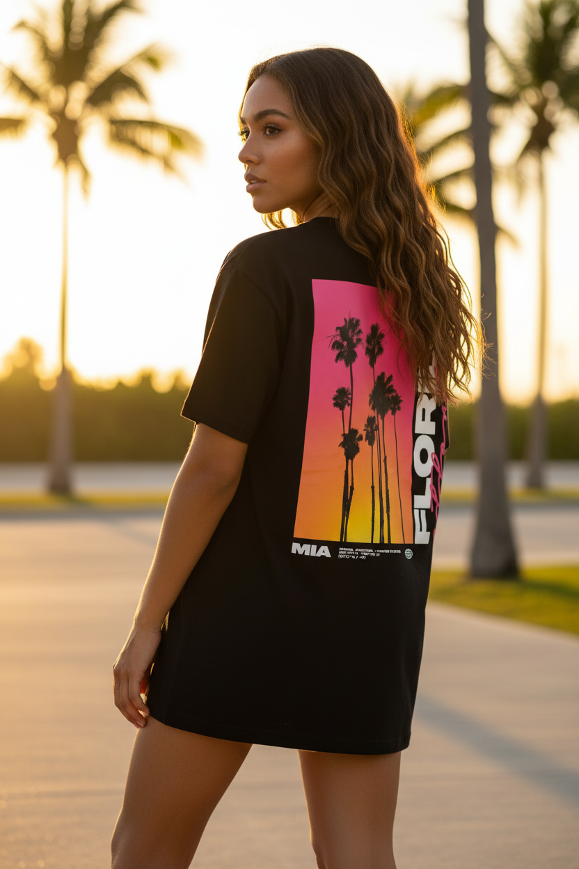 Femme portant le T-Shirt Miami Noir Oversize Palm District — logo dos