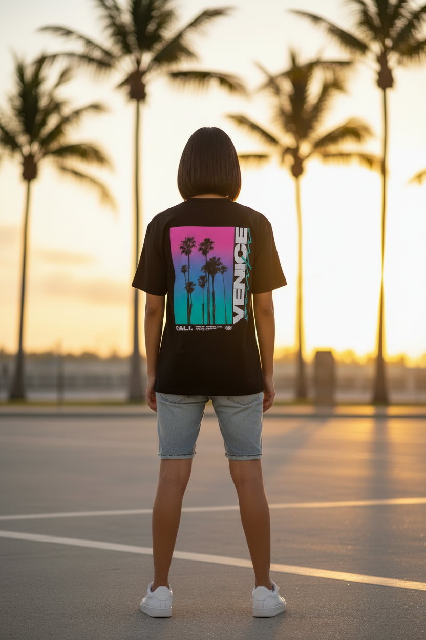 Femme portant le T-Shirt Noir Miami Cali Venice Pacific Palm District de dos