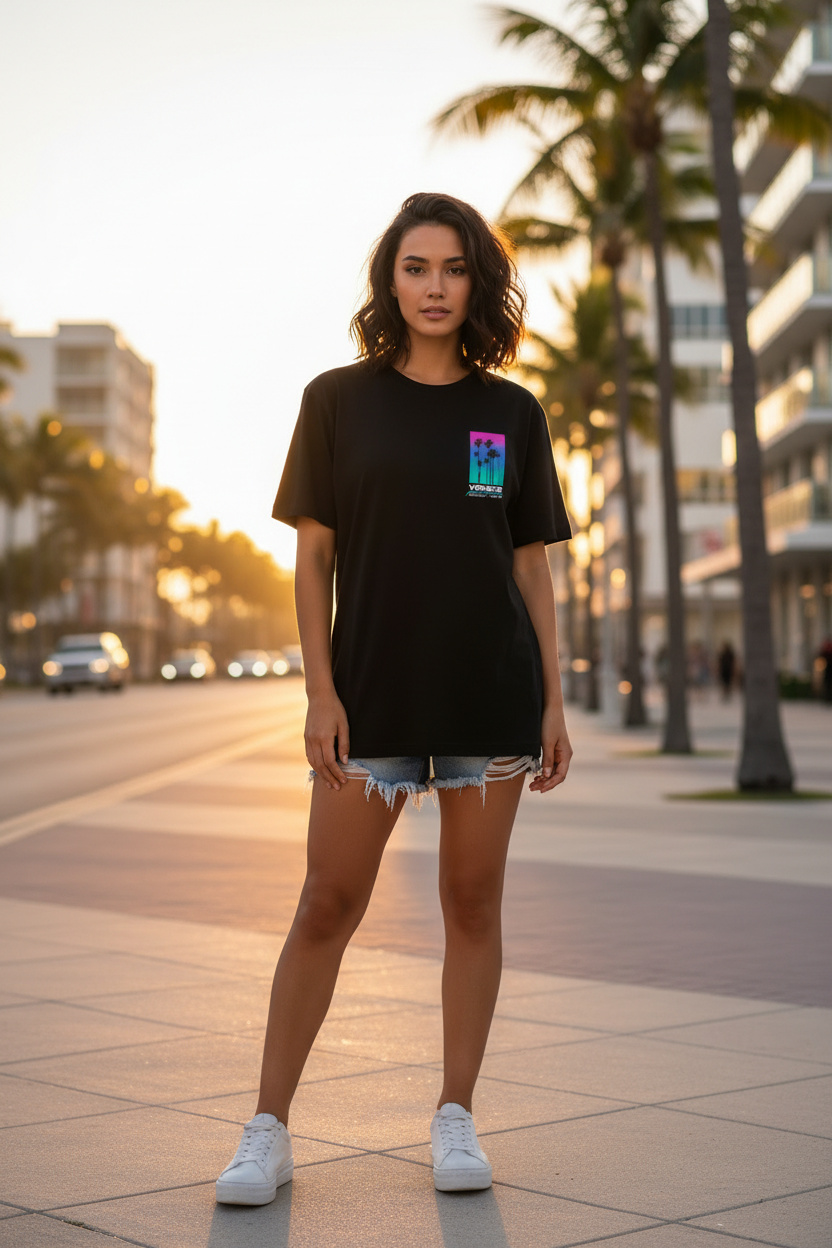 Femme portant le T-Shirt Blanc Miami Cali Venice Pacific Palm District de face