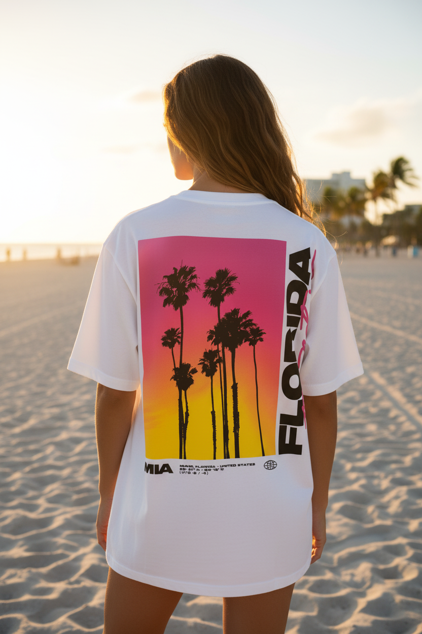 Femme portant le T-Shirt Miami Blanc Oversize Palm District — logo dos