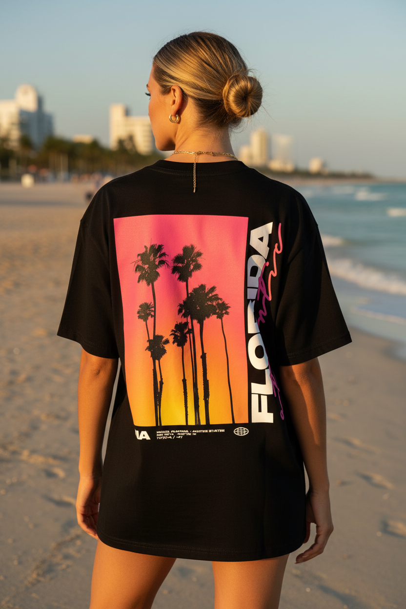 Femme portant le T-Shirt Miami Noir Oversize Palm District — logo dos