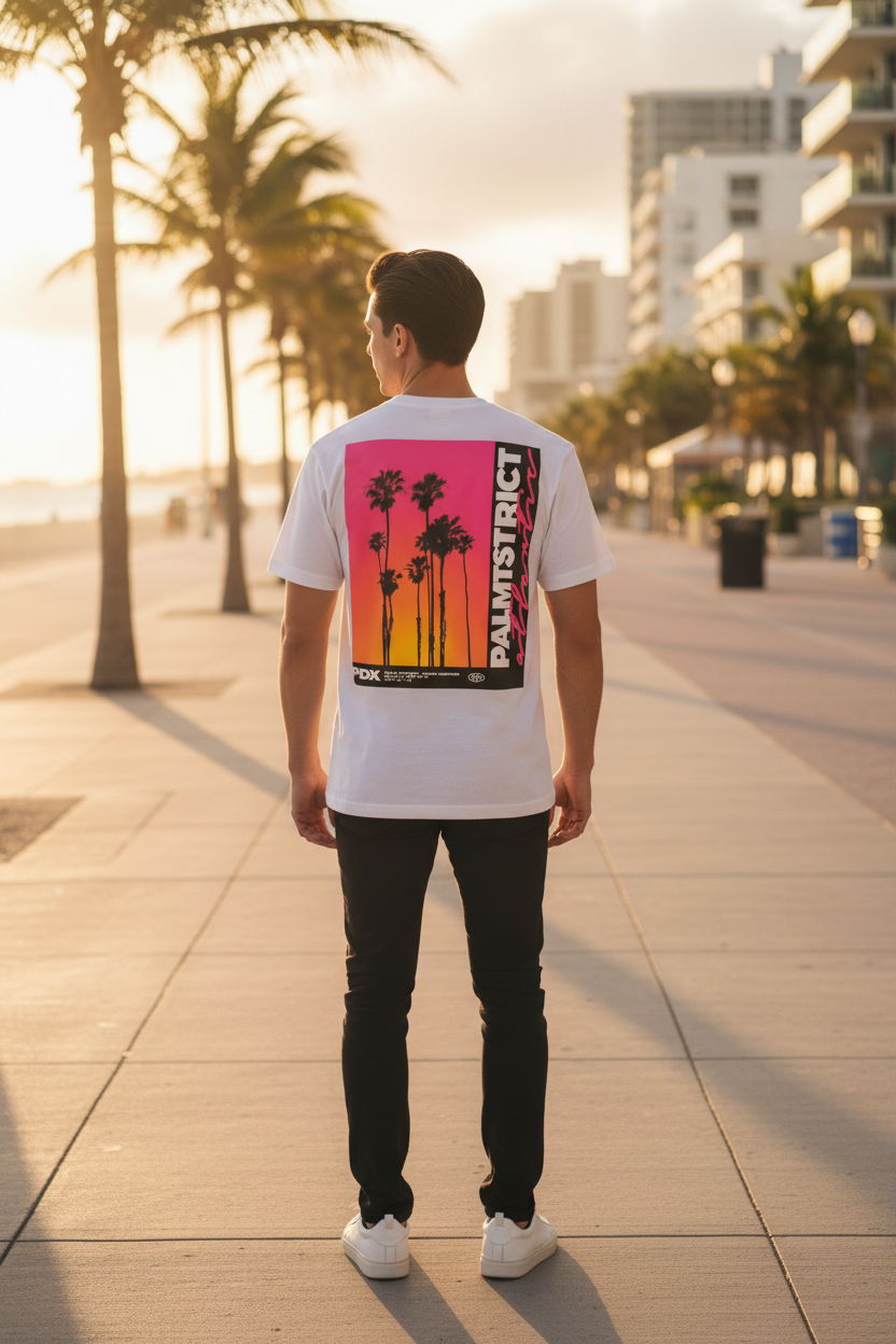 Homme portant le T-Shirt Blanc Palm District Atlantic sur une plage de Miami