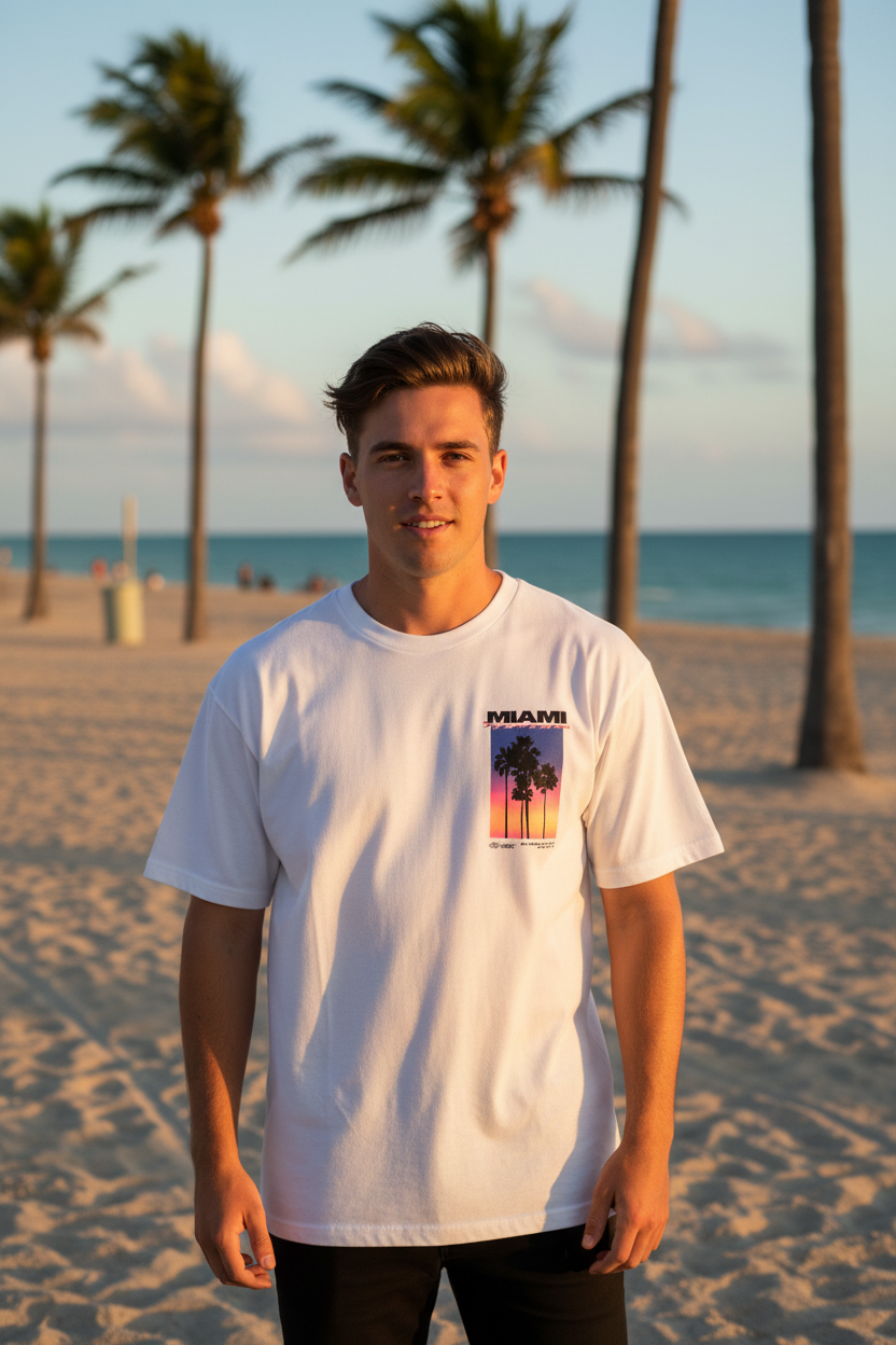 Miami T-Shirt Florida Blanc Premium Streetwear Homme Oversize | Palm District