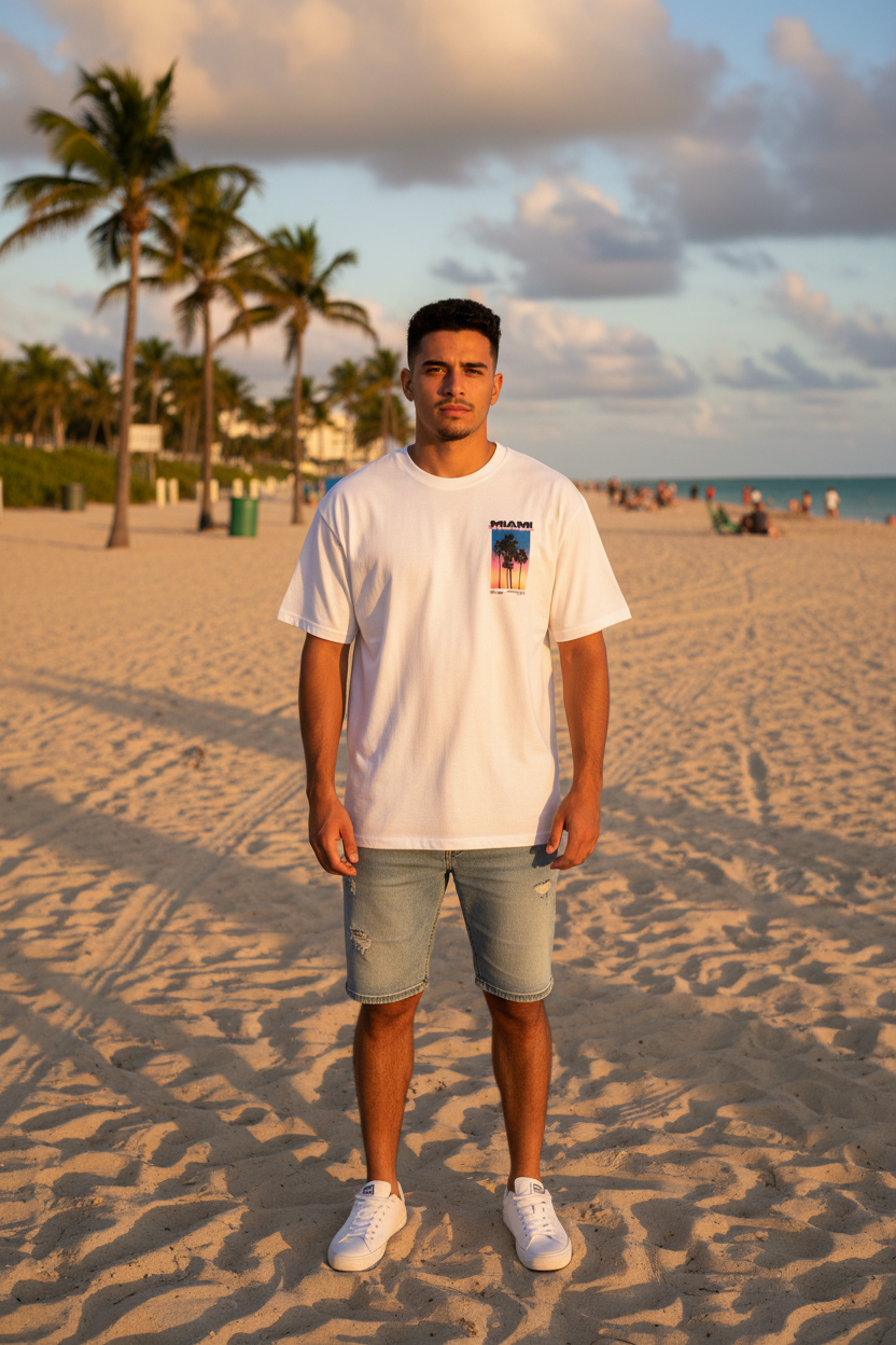 Miami T-Shirt Florida Blanc Homme Premium Streetwear Oversize Face | Palm District