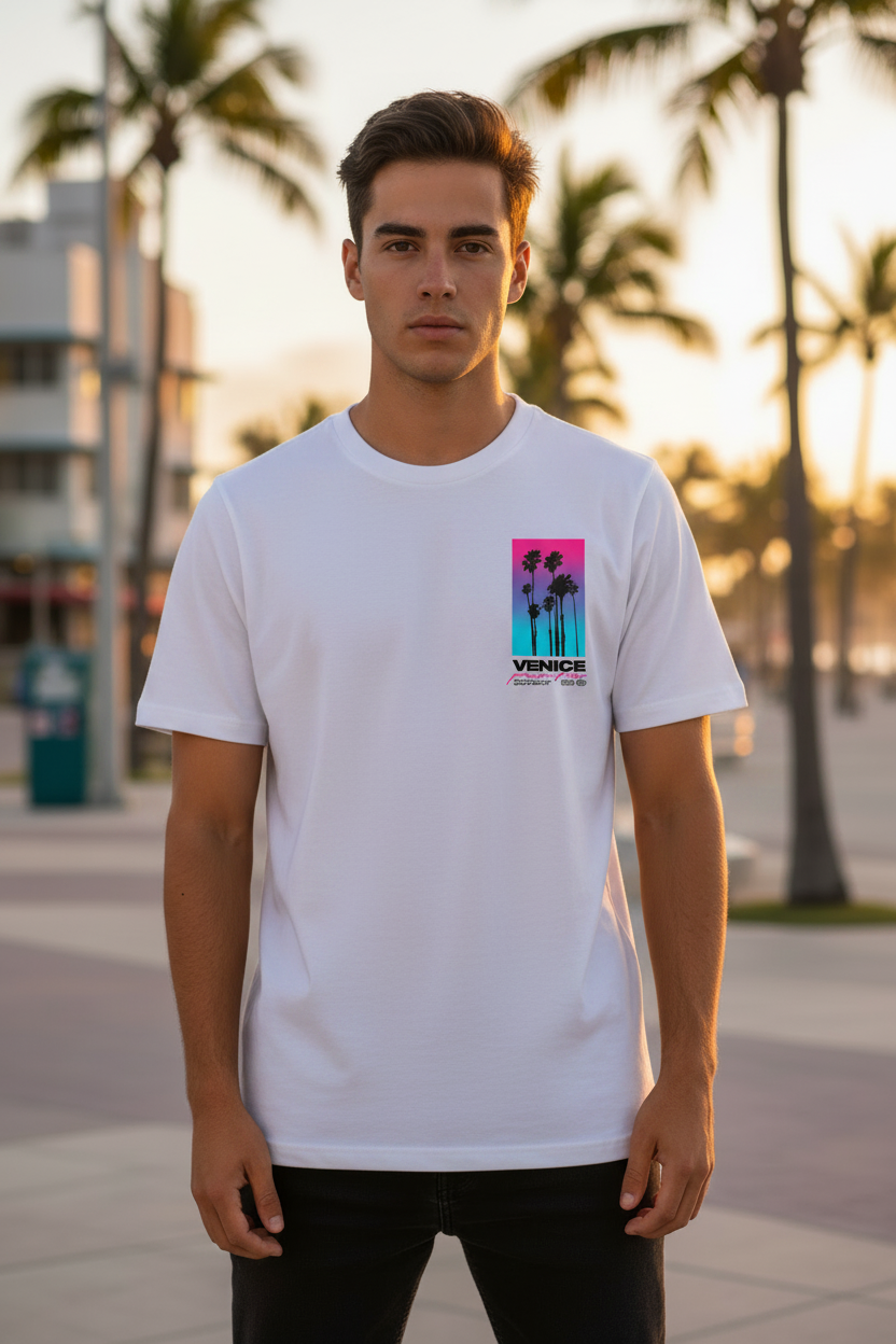 Homme portant le T-Shirt Blanc Miami Cali Venice Pacific Palm District de face