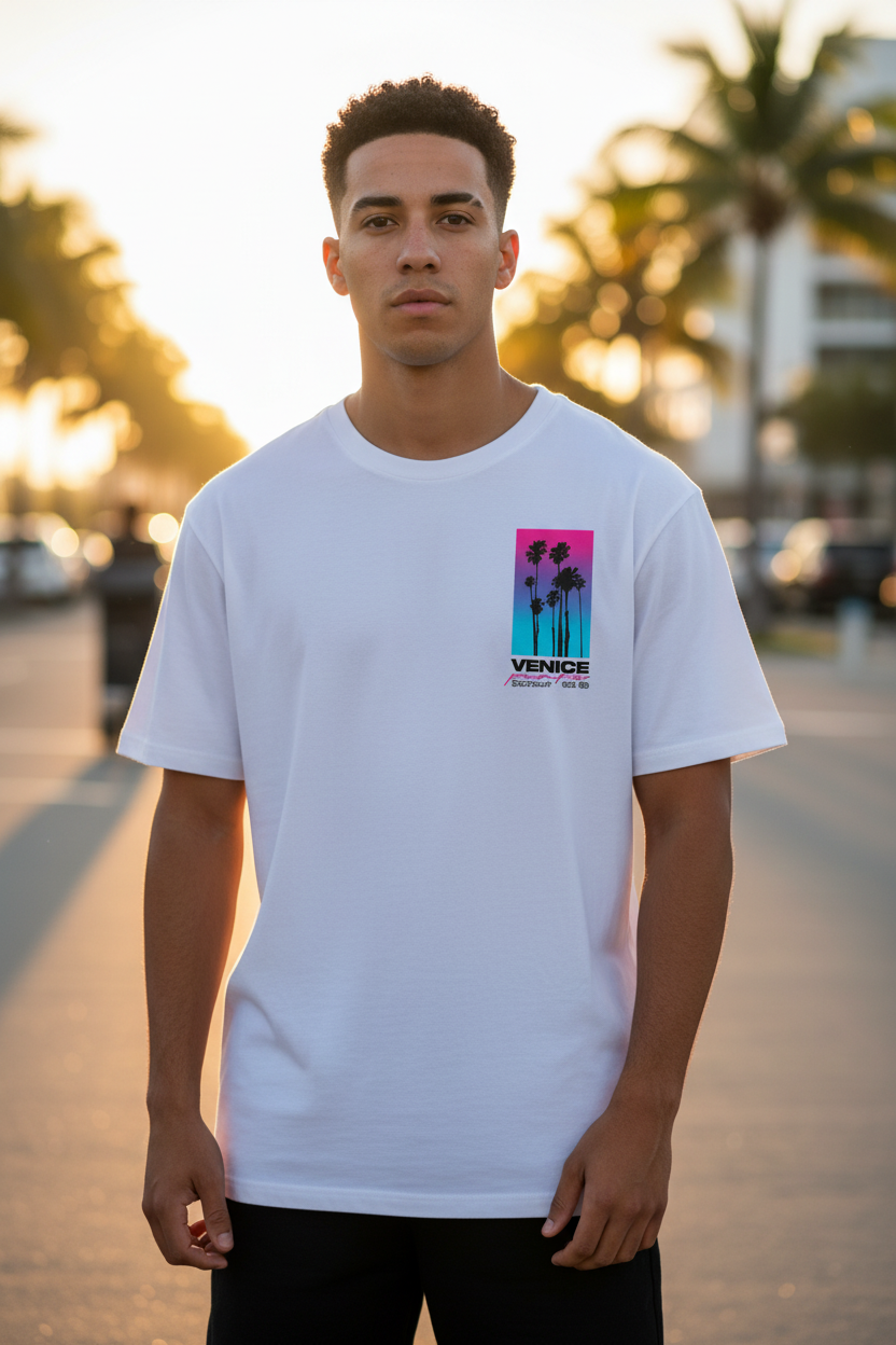Homme portant le T-Shirt Noir Miami Cali Venice Pacific Palm District de face