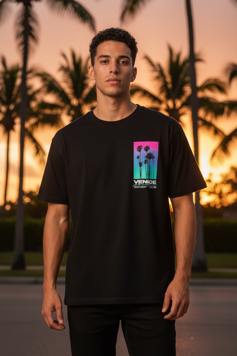 Homme portant le T-Shirt Noir Miami Cali Venice Pacific Palm District de face