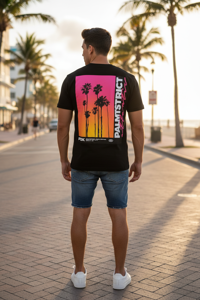 Homme portant le T-Shirt Noir Palm District Atlantic sur une plage de Miami