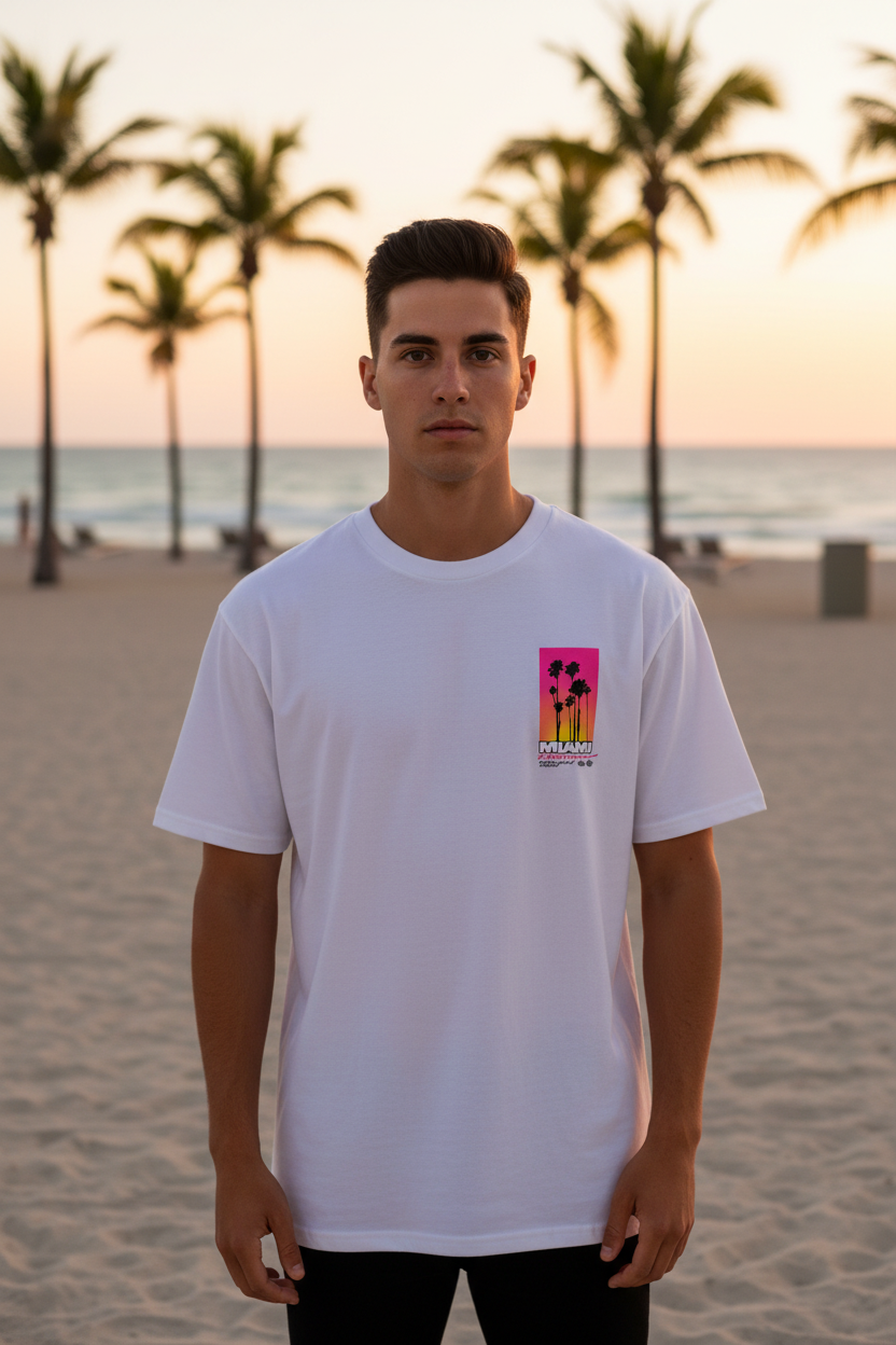Homme portant le T-Shirt Miami Blanc Oversize Palm District — logo poitrine