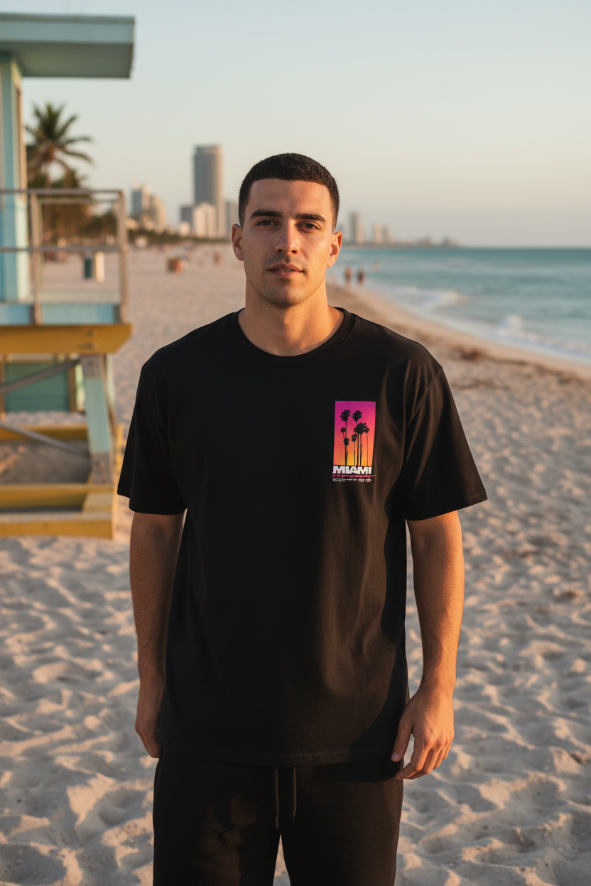Homme portant le T-Shirt Miami Noir Oversize Palm District — logo poitrine