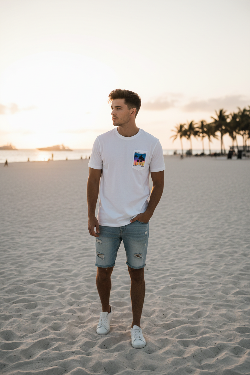 T-Shirt Miami Florida Blanc porté sur la plage