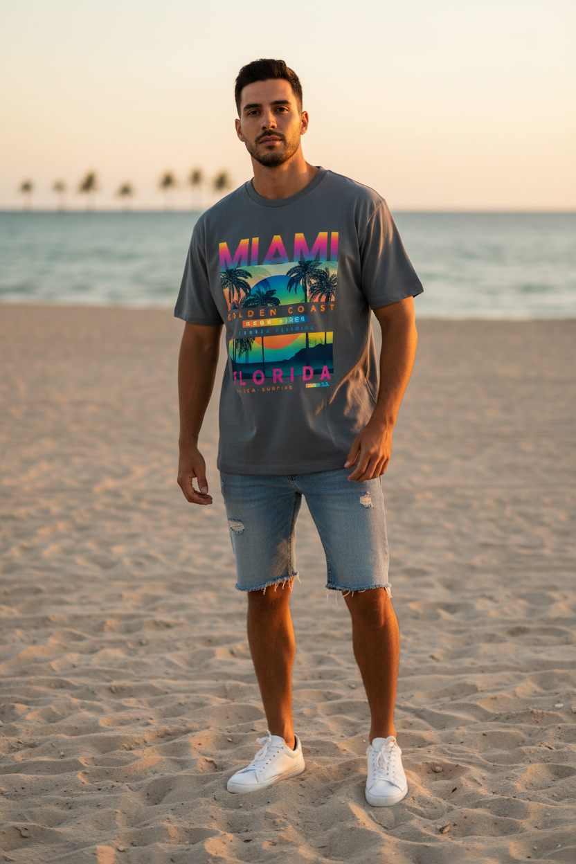 Miami Golden Coast Florida — T-Shirt Gris Foncé | Palm District
